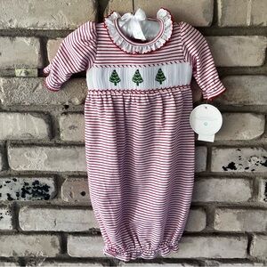 Smocked Christmas tree Striped Red and White infant sleep gown. NWT